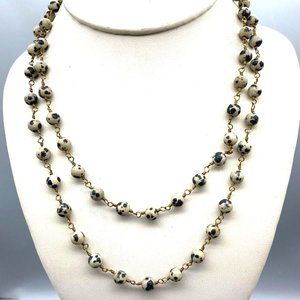 Vintage Dalmatian Jasper Stone Beaded Necklace, Boho Chic Strand with Gold Tone